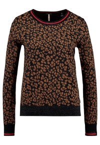 Bruin en zwart gemarmerd sweater met een ronde hals, lange mouwen en rode accenten op de halslijn en manchetten. Heeft een sprankelende textuur.