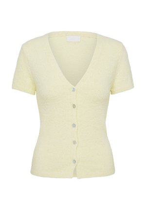 Ανοιχτό κίτρινο ζακέτα με κοντά μανίκια, κούμπωμα με κουμπιά και V-λαιμόκοψη με έξι κουμπιά μπροστά.