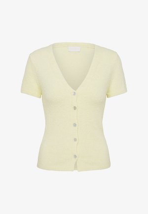 Ανοιχτό κίτρινο ζακέτα με κοντά μανίκια, κούμπωμα με κουμπιά και V-λαιμόκοψη με έξι κουμπιά μπροστά.