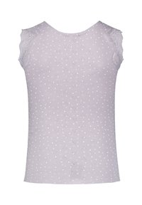 Lilac sleeveless ribbed top with small white heart patterns and lace ruffle trim on the shoulders, shown from the back.