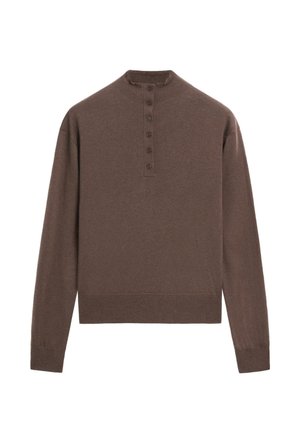 Maglione marrone a maniche lunghe con collo alto, abbottonatura a cinque bottoni, polsini e orlo a coste; texture morbida e design minimalista.