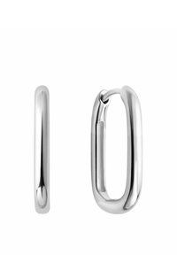 Srebrne kolczyki w kształcie owalnym, z gładką, połyskującą teksturą i bezpiecznym zatrzaskiem. Lekka i wszechstronna konstrukcja.