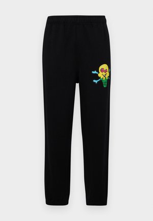 Pantalons de jogging noirs avec une taille élastique et un graphique d'un personnage de crème glacée souriant sur la jambe gauche en jaune, rose et bleu.