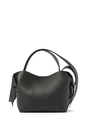 Black leather handbag with a textured surface, curved shape, and a single shoulder strap. Features a decorative bow on one side.
