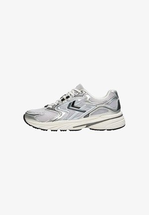 Lightweight running shoe in gray and silver mesh, with a cushioned sole and black rubber accents. Features a lace-up design and breathable panels.
