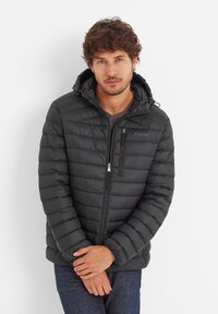Black puffer jacket with a hood features horizontal quilted sections, zippered front, and a subtle logo on the chest.