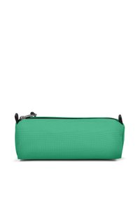 Green fabric pencil case with a cylindrical shape, textured surface, black zipper, and small black pull tab.