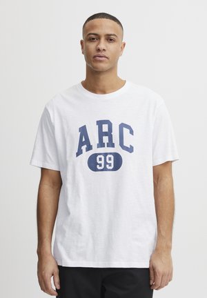 White cotton t-shirt with short sleeves featuring a navy blue graphic design reading "ARC 99" centrally placed. Simple, relaxed fit.