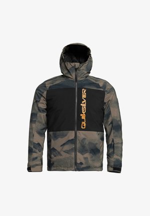 Kurtka w kamuflażu z czarnym panelem i pomarańczowym logo "Quiksilver", z zamkiem błyskawicznym i kapturem; wykonana z teksturowanej tkaniny.