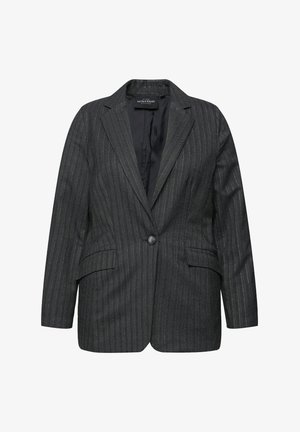 Blazer de rayas finas en gris oscuro con cierre de botón único, dos bolsillos frontales y un forro interior suave. Fabricado con un tejido texturizado.