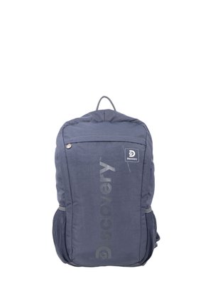 Dark gray Discovery brand backpack with front zipper pocket, mesh side pockets, and top carrying loop.