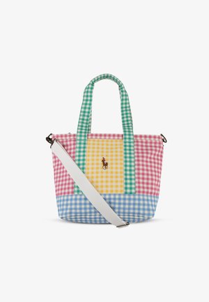 Borsa a sacco in gingham multicolore con pannelli rosa, blu, giallo e verde. Presenta doppi manici e una tracolla bianca staccabile. Logo ricamato.