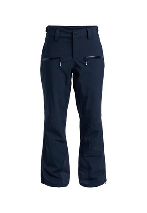 Pantalon de ski imperméable bleu marine avec une coupe droite, équipé de deux poches zippées à l'avant et d'une ceinture élastique pour un ajustement modulable.