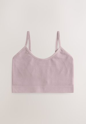 Bralette côtelée lavande avec fines bretelles réglables, encolure arrondie et bords sans coutures, fabriquée en tissu extensible doux.
