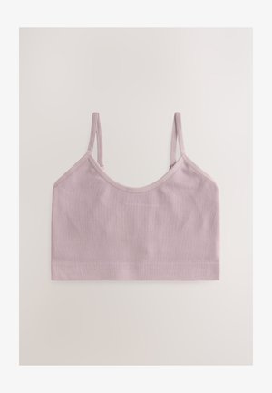 Bralette côtelée lavande avec fines bretelles réglables, encolure arrondie et bords sans coutures, fabriquée en tissu extensible doux.