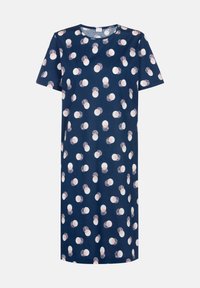 Robe courte marine à manches courtes avec un motif de cercles éparpillés en rose clair et blanc. Fabriquée en tissu doux avec une coupe décontractée.