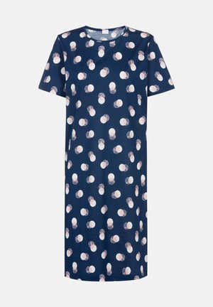 Marineblauwe jurk met korte mouwen, voorzien van een verspreid cirkelpatroon in lichtroze en wit. Gemaakt van zachte stof met een losse pasvorm.