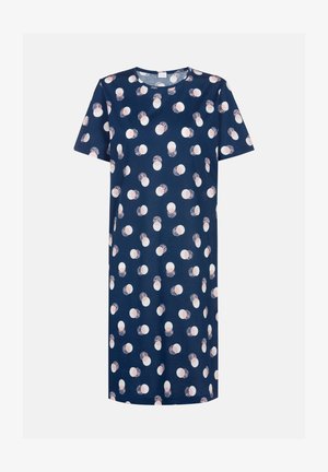 Robe courte marine à manches courtes avec un motif de cercles éparpillés en rose clair et blanc. Fabriquée en tissu doux avec une coupe décontractée.