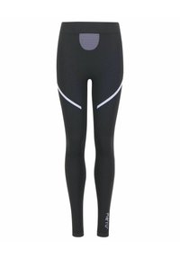 Schwarze Leggings mit strukturierter Oberfläche, die reflektierende Details an den Seiten und eine Rückentasche mit Mesh-Overlay aufweisen.