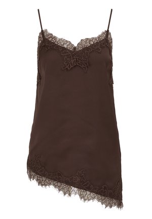Barna szatén camisole csipke szegéllyel a V-nyakkivágásnál, az alján és az oldalain, vékony vállpántokkal és aszimmetrikus szegéllyel.