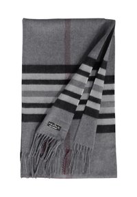 Écharpe grise avec des rayures horizontales noires, blanches et gris foncé, extrémités à franges et une petite étiquette de marque rectangulaire.