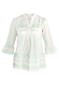 Könnyű, menta és fehér csíkos blúz mandarin gallérral, háromnegyedes ujjal és réteges peplum stílussal. Gombos részletekkel rendelkezik.