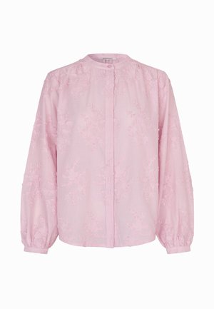 Hellrosa Langarmbluse mit bestickten Blumenmustern, gerafften Bündchen und rundem Ausschnitt mit Knopfverschluss.