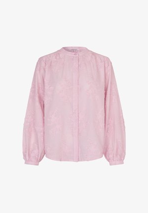 Hellrosa Langarmbluse mit bestickten Blumenmustern, gerafften Bündchen und rundem Ausschnitt mit Knopfverschluss.