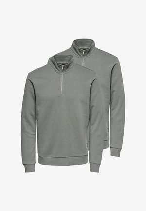 Two gray long-sleeve quarter-zip sweatshirts with high collars and ribbed cuffs and hems, shown stacked with one slightly behind the other.