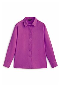 Purple long-sleeve shirt made of lightweight fabric featuring a button-up front, pointed collar, and buttoned cuffs. Smooth texture.