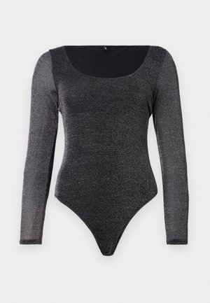 Sort bodysuit med lange ærmer lavet af glitrende stof. Har en rund halsudskæring og en højt skåret bund. Glat tekstur med en funklende finish.