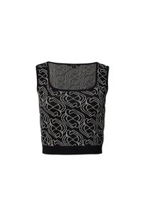 Schwarzes, kurzes Tanktop mit quadratischem Ausschnitt, das mit einem ausgeklügelten weißen geometrischen Muster versehen ist. Hergestellt aus atmungsaktivem Strickmaterial.