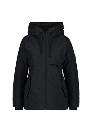 Giacca nera con cappuccio in una finitura morbida e opaca, dotata di zip frontale, due tasche laterali e polsi elasticizzati per una vestibilità sicura.