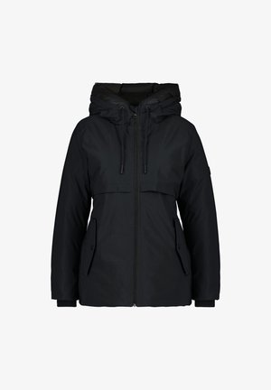 Giacca nera con cappuccio in una finitura morbida e opaca, dotata di zip frontale, due tasche laterali e polsi elasticizzati per una vestibilità sicura.