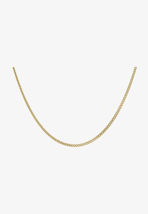 Gold chain necklace featuring interlocking links, smooth texture, and a uniform design. Length is suitable for wearing alone or with pendants.