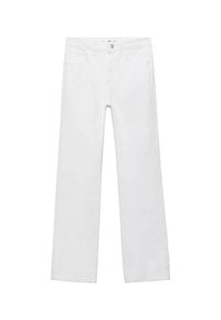Jeans bianchi a gamba dritta in cotone con chiusura a bottone, cinque tasche e dettagli di cucitura minimi. Aspetto del tessuto testurizzato.