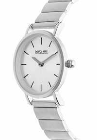 Silberne Armbanduhr mit minimalistischem Zifferblatt, schwarzen Stundenmarkierungen, zwei Zeigern und Metallgliedarmband, zeigt die Uhrzeit 9:10 an.