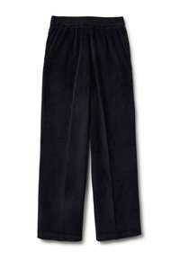 Černé kordové kalhoty s širokým střihem, které mají elastický pas pro pohodlí a vertikální žebrovanou texturu po celé ploše.