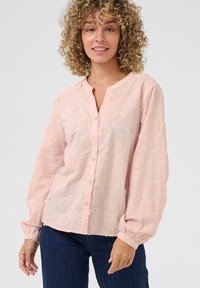 Light pink button-up blouse with long puffed sleeves, featuring floral embroidery and a round neckline. Soft, textured fabric with detailing.