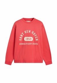 Felpa rossa in cotone con scollo tondo. Presenta un testo bianco: "GANT NEW HAVEN 1949 CONNECTICUT STATE" in grassetto. Maniche lunghe.