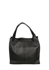 Zwarte leren draagtas met een zachte, korrelige textuur, voorzien van twee stevige handvatten en een ruim, ongestructureerd ontwerp. Simpel en functioneel.