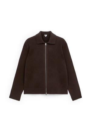 Dark brown zip-up jacket with a collared neckline, made from knit fabric. Features a silver zipper and ribbed cuffs and hem.