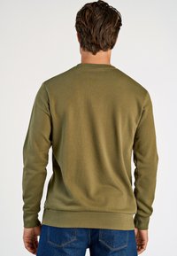 Oliwkowy sweter z okrągłym dekoltem i długimi rękawami, charakteryzujący się gładką fakturą oraz ściągaczem u dołu i przy mankietach, zestawiony z niebieskimi dżinsami.