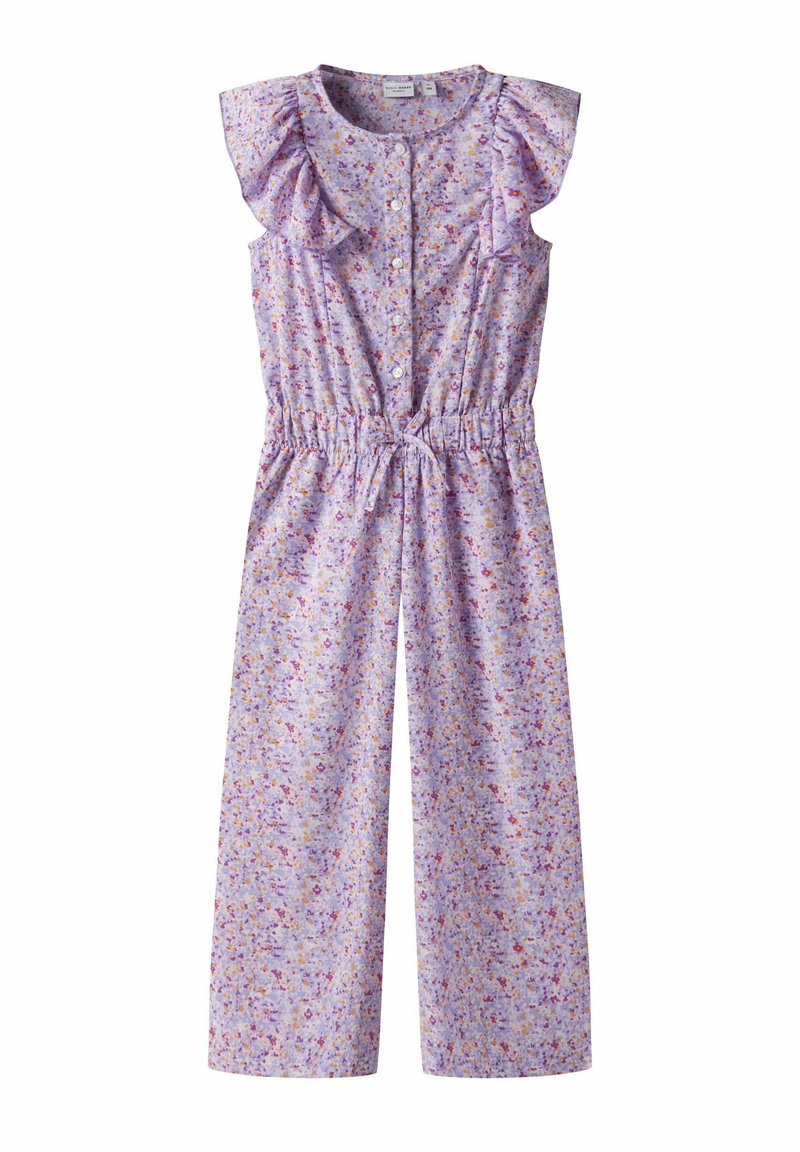 Lavendelblommig jumpsuit med svävande ärmar, elastisk midja och knäppning framtill. Lättviktig tyg med en mjuk textur.