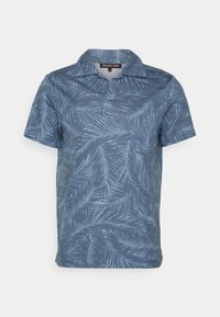 Polo à manches courtes bleu avec un motif de feuillage, fabriqué à partir d'un tissu lisse. Présente un col classique et un ourlet droit.