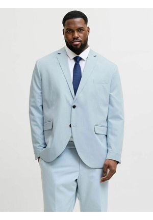 Bărbat purtând un costum bleu deschis cu cămașă albă și cravată albastru închis, stând în picioare pe un fundal simplu gri deschis.