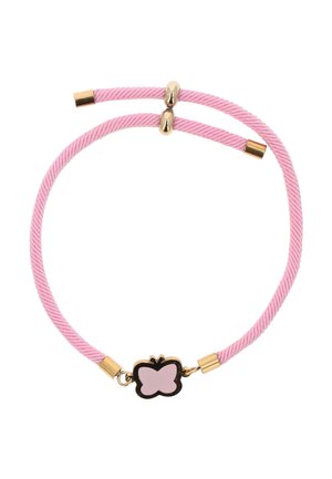 Brățară reglabilă din cordon roz, cu capete și închizătoare aurii, având un charm în formă de fluture roz cu contur negru.