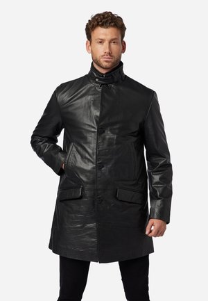 Black leather coat with a high collar, front button closure, two front pockets, and a smooth, shiny texture.