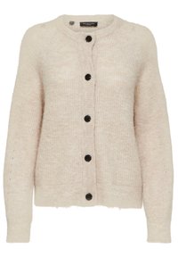 Cardigan lavorato a maglia beige con scollo rotondo, caratterizzato da cinque bottoni neri sul davanti e maniche e orlo a coste per un finish testurizzato.