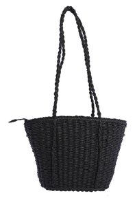 Bolso de mano de paja tejida negra con dos asas trenzadas, parte superior abierta y forma acampanada, que presenta un material texturizado y un diseño minimalista.